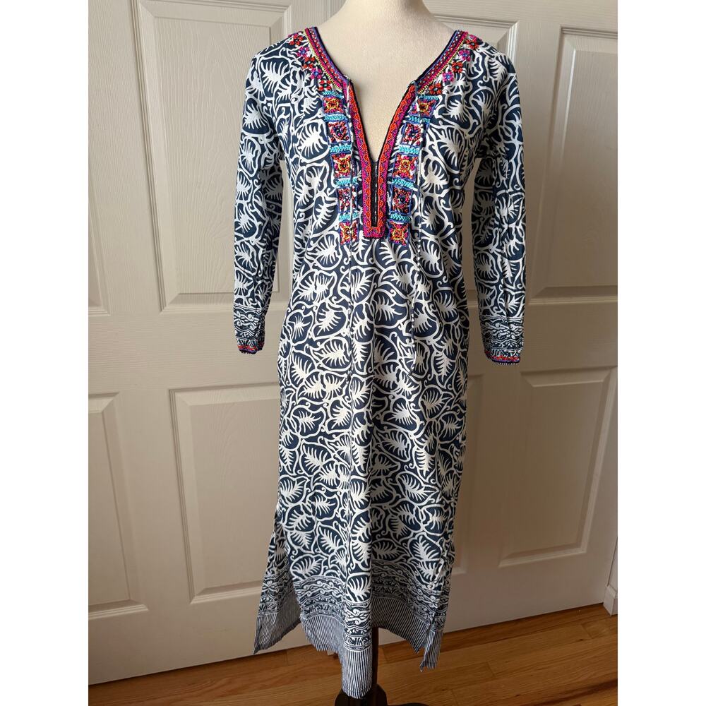 Bella Tu Cotton Resort Dress Beaded Trim Coastal Vacation Bohemian Size XS
